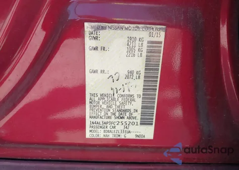 2015 Nissan Altima 2.5/2.5 S/2.5 Sl/2.5 Sv из США, поврежденный, VIN 1N4AL3AP3FC255201